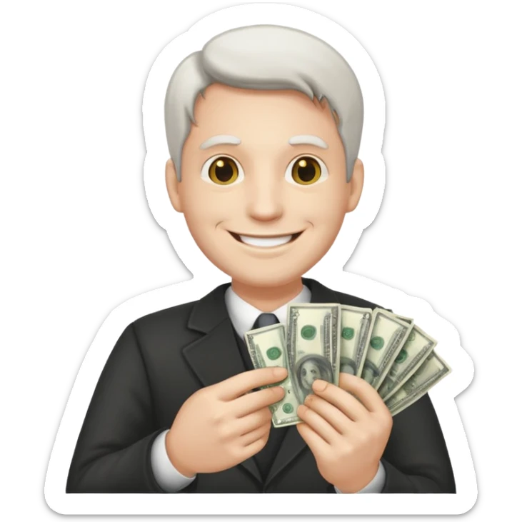 Make an emoji of a photorealistic adult man holding money in his hands. He has a smile on his face. He looks like an adult. the skin should be white. 4 options sticker