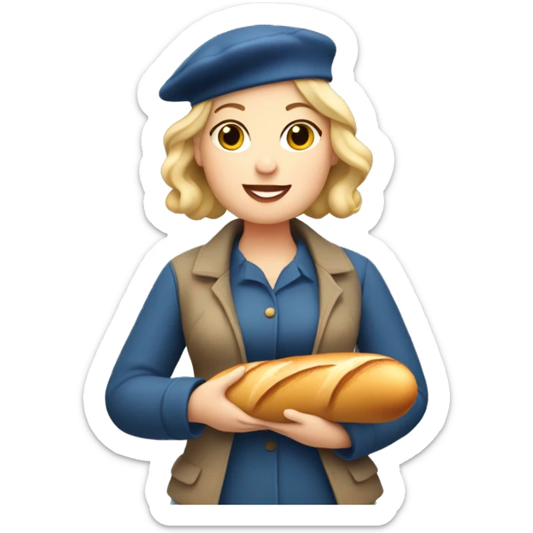Chubby blonde woman in France holding a baguette wearing a beret sticker