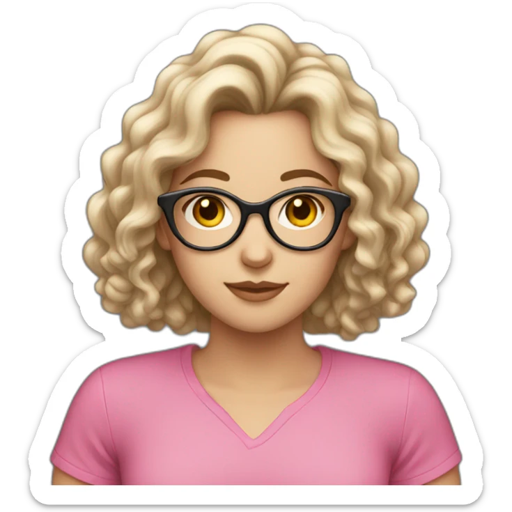 white girl with dark long curly hair and glasses in pink shirt sticker