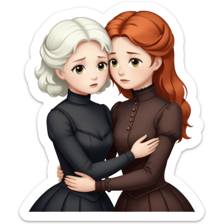 Two Victorian women with light eyes, one with bright pure white coiffed hair and one with dark copper coiffed hair, wearing Victorian turtleneck dresses, embracing each other in a sad, intimate hug sticker