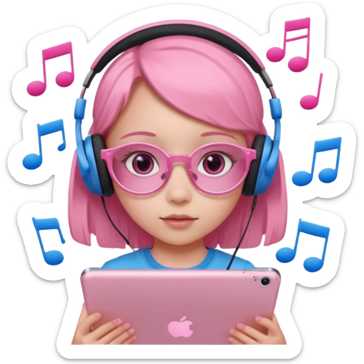 Little girl with headphones when pink eyes and pink iPad and pink dreamy background and rose colored glasses and blue music notes around her sticker