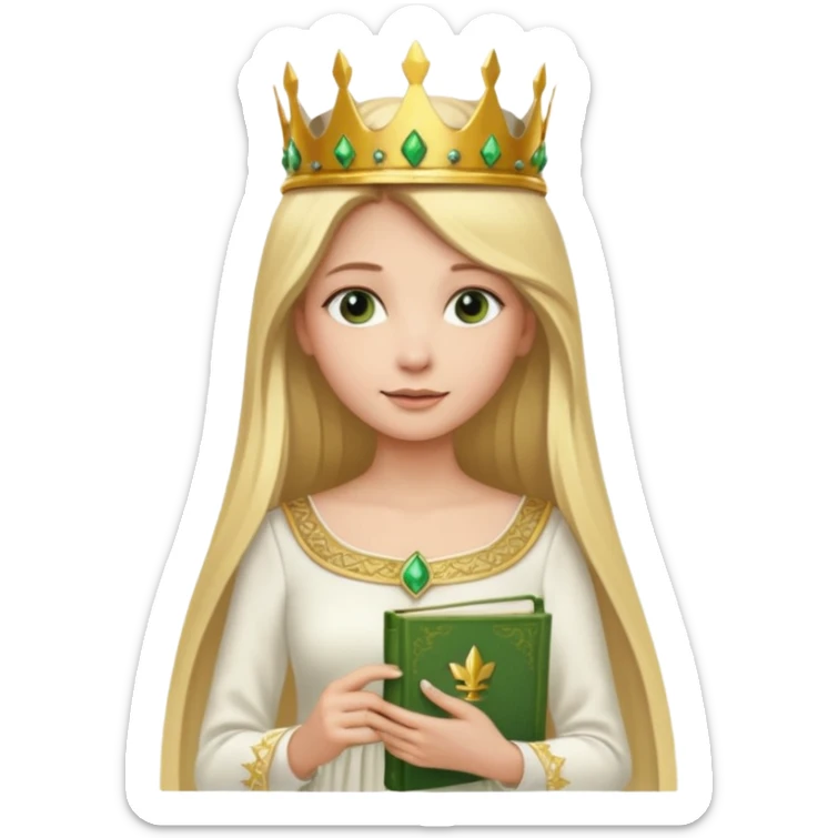 Long blonde straight Hair Women with green Book, white dress , crown

 sticker