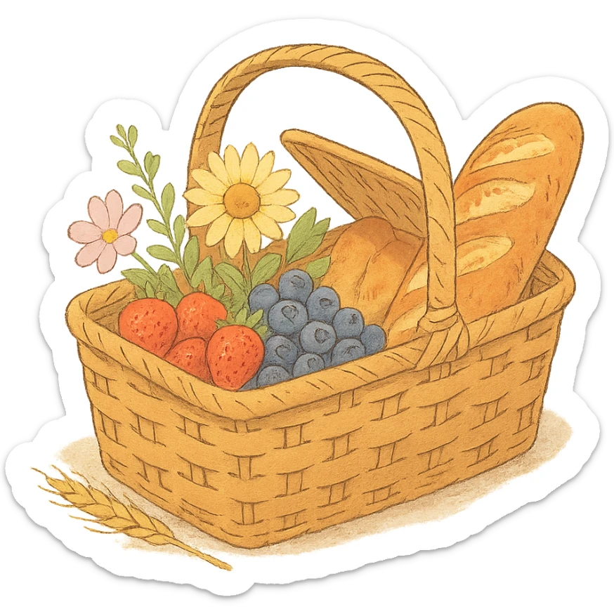 picnic basket with berries, bread, and flowers in warm pastel shades, soft Ghibli style sticker