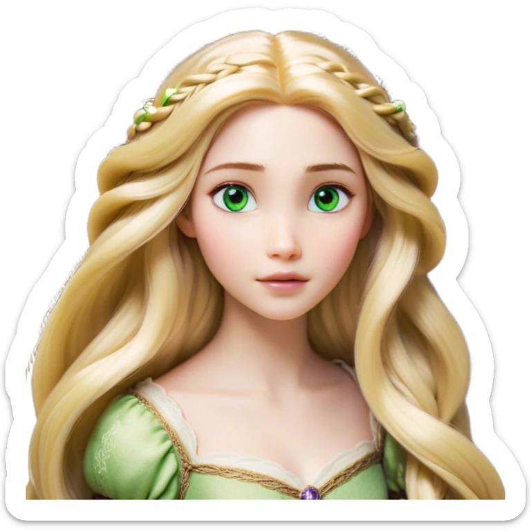 Cinematic Realistic Rapunzel Portrait, with porcelain-like skin featuring a subtle, natural glow, illuminated by soft lighting that brings out the gentle contours of her face. Her long, golden blonde hair cascades in detailed waves, each strand highlighted with a radiant shimmer as it catches the light. Her bright, expressive green eyes exude curiosity and warmth, framed by delicate lashes and soft, arched brows. Her expression is playful and vibrant, with a gentle smile. She is dressed in her classic lavender and pink gown, the fabric textured with delicate folds that flow naturally, catching the light with a soft, radiant glow. The portrait captures a luminous, enchanting aura, seamlessly blending realism with a whimsical, fairytale charm, evoking a timeless sense of beauty and magic. sticker