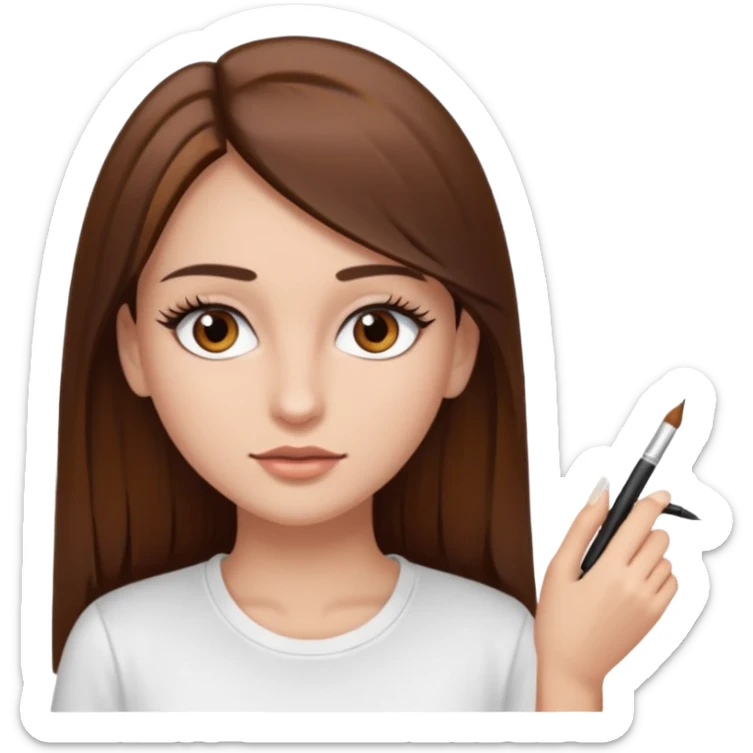 Chica de pelo liso ,largo clean look  y marrón con ojos color marrón  y una camiseta blanca y la piel blanca con pestañas y maquillada clean look  sticker