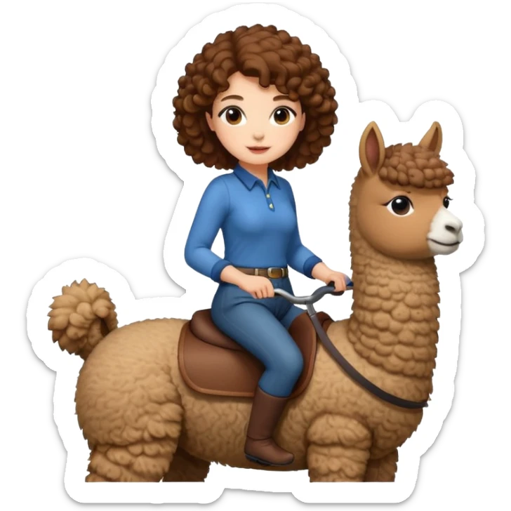 cute woman short tight curly brown hair riding an alpaca sticker