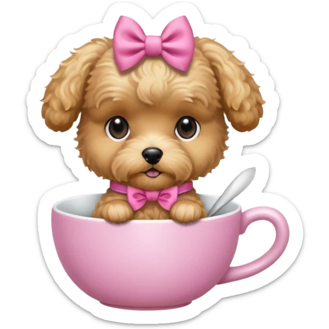 Golden maltipoo dog with pink bow k bow that is very poise make it have a cup of tea sticker
