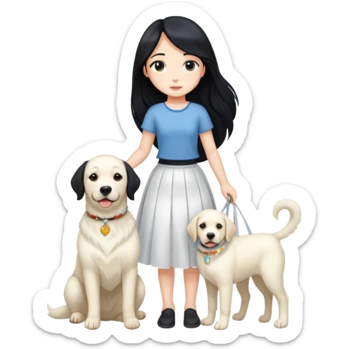 A girl with long black hair, a beautiful white skirt and fair skin is holding a white Labrador sticker