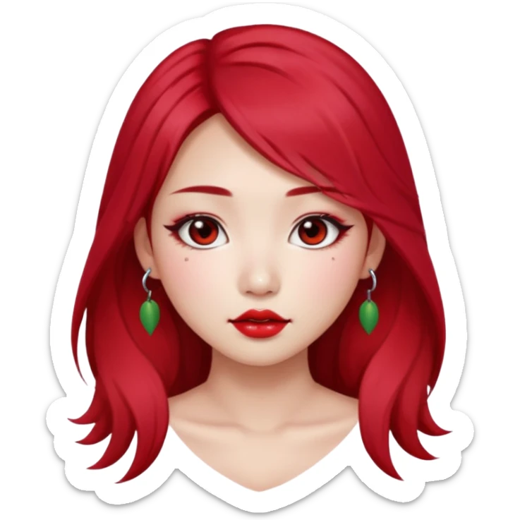pretty girl asian, red cherry long hair,makeup grunge,Eyebrow and lip piercing sticker