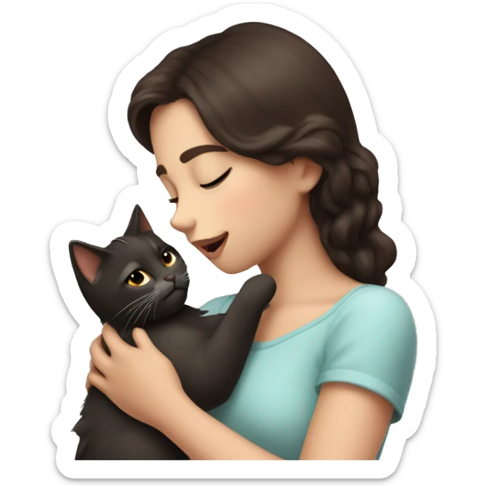A pale girl with dark brown hair and dark brown eyes kisses a cat in her hands sticker