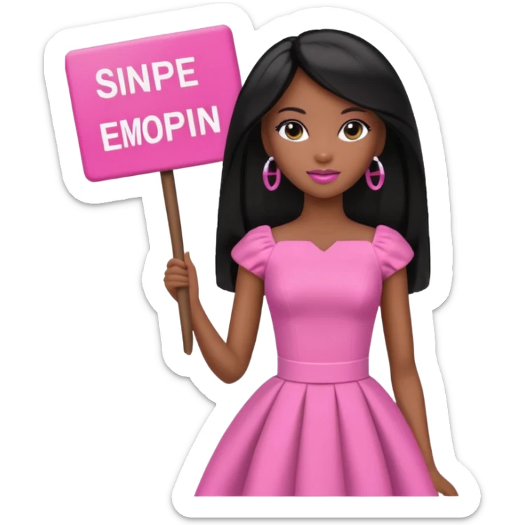 Black barbie, long black  hair, pink dress holding sign, that says snipe sticker