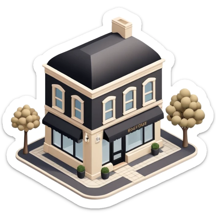 Isometric exterior little black, beige, and white clothing boutique, dollhouse style 3D realistic  sticker