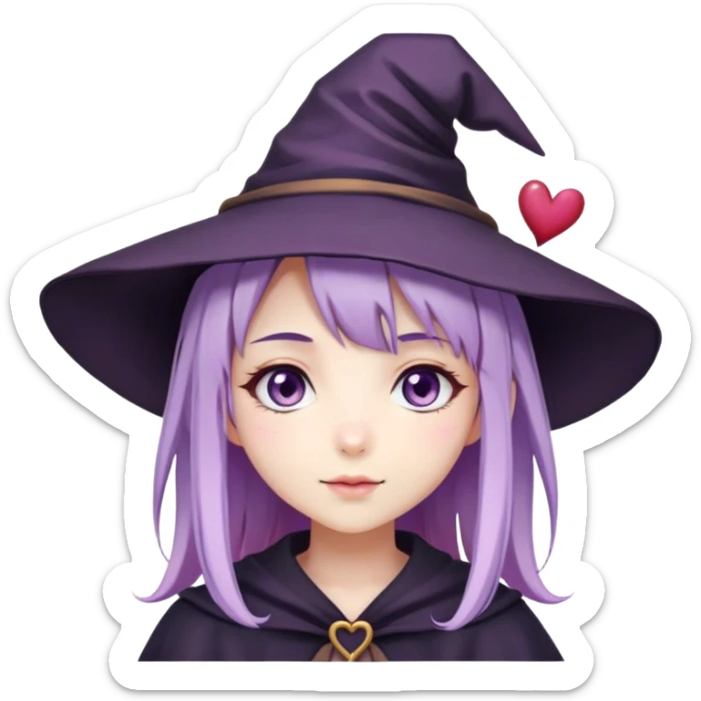 cute anime girl with lilac hair in a witch hat in love with hearts instead of eyes sticker