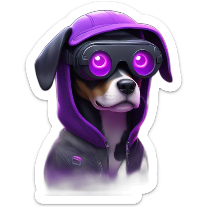 funny dog wearing a black hoodie with "OMG" letters on it and VR headset in a cyberpunk VR environment with violet neon lighting. sticker