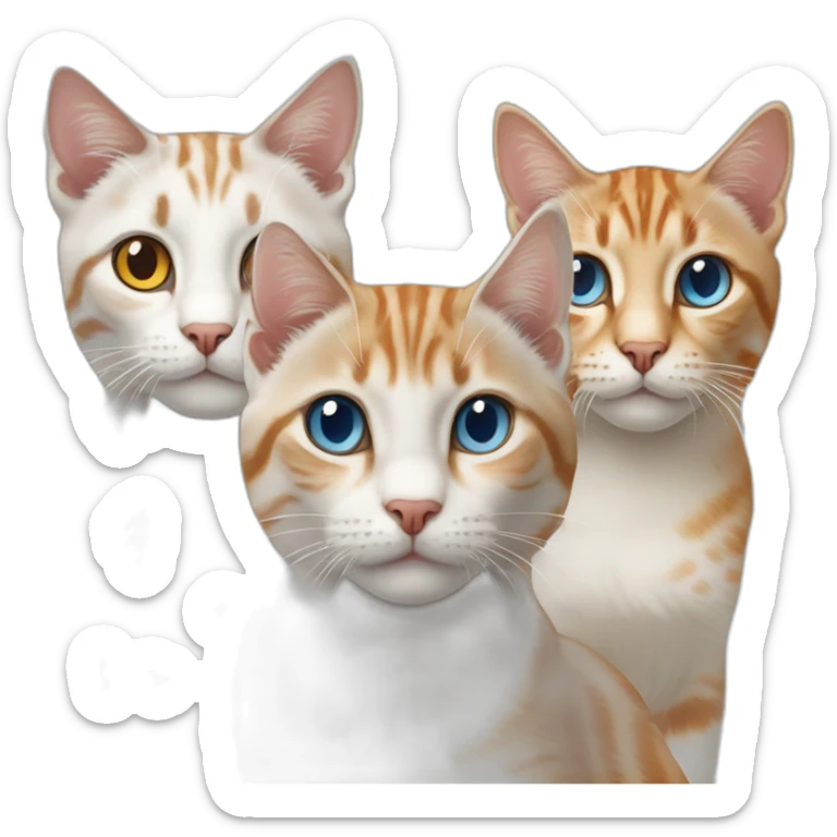 three cats, 1 lynx point with blue eyes, 1 orange and white tabby with yellow eyes, 1 all orange with orange eyes sticker
