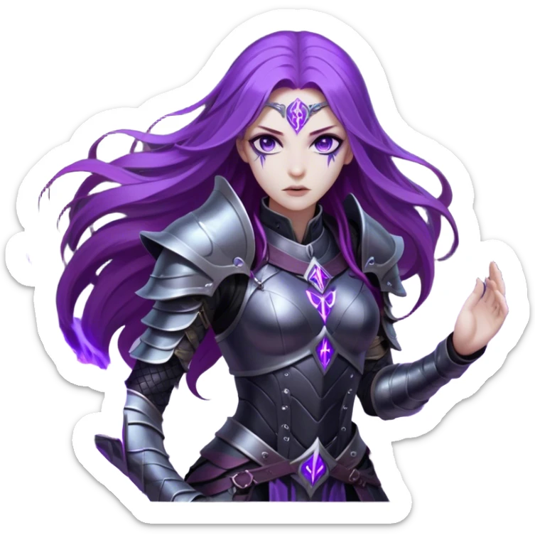 A mysterious warrior girl with long, flowing purple hair catching the dim light. Her glowing violet eyes stare forward, unwavering. She wears sleek black armor, adorned with silver runes that pulse faintly with hidden power. A dark mist swirls at her feet, hinting at the energy she commands. sticker