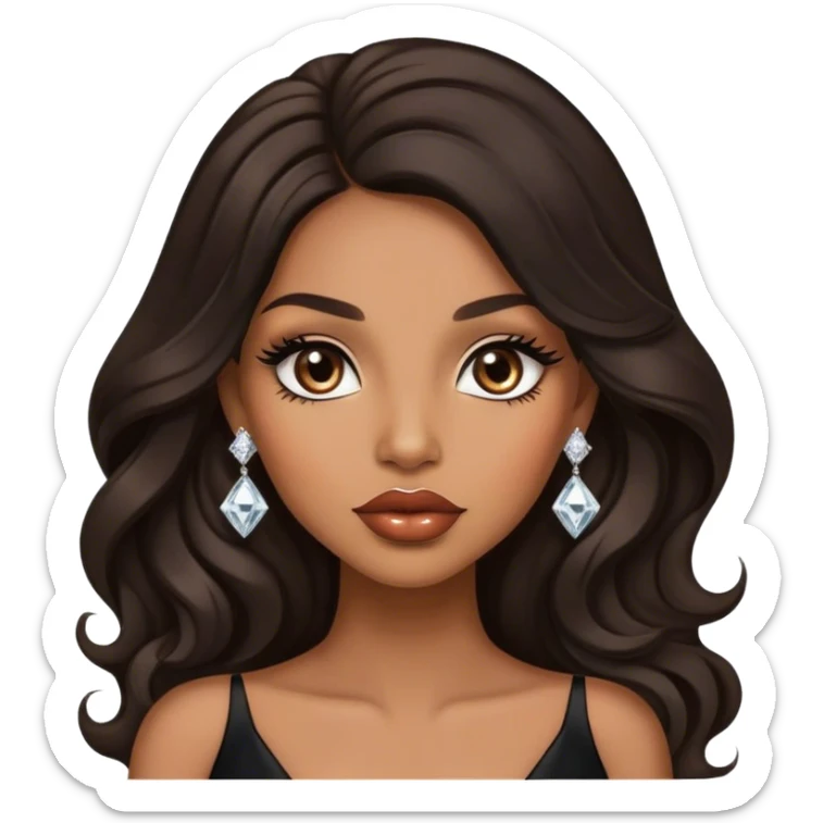 light brown skin tone, very beautiful woman, with big plump lips, long long lashes, black wavy long hair, brown eyes, black dress, diamond earrings sticker