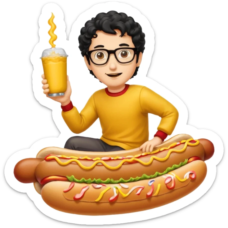 A curly hair man with glasses riding a hot dog weiner sticker