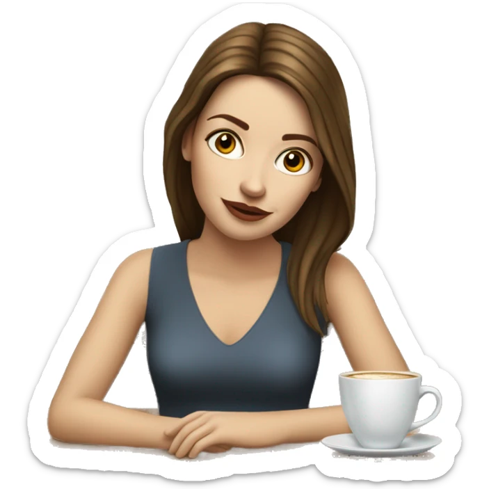 Side view realistic posh brown straight haired pale woman sits at the coffee table sticker