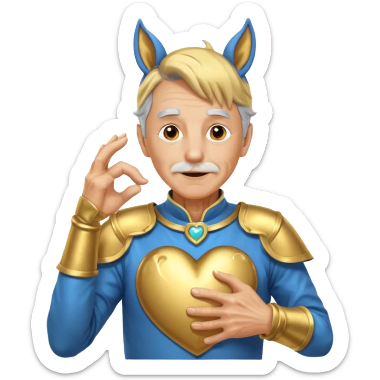 An elderly man with golden skin, his body shining like polished metal, wearing a horse cosplay costume with horse ears and a tail. He is making a heart shape with his hands and blushing slightly, showing a shy and embarrassed expression. sticker