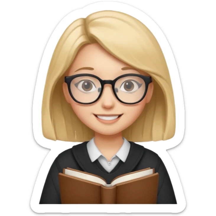 A student, girl, wearing glasses, hold book in front of their chest sticker