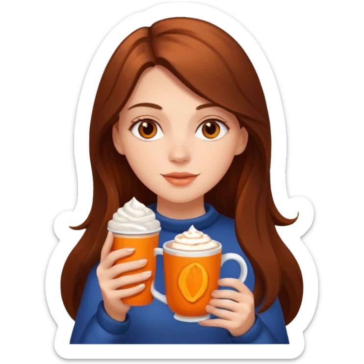 white girl with brown long hair orange and a hot chocolate sticker