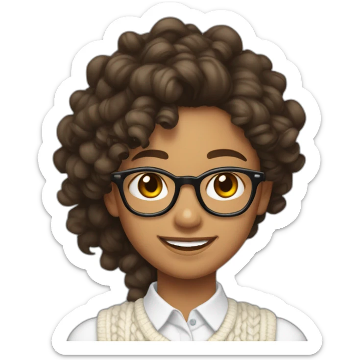 smiling indian teenage girl with curly hair and glasses wearing a collared long sleeve white shirt under a white sweatervest sticker