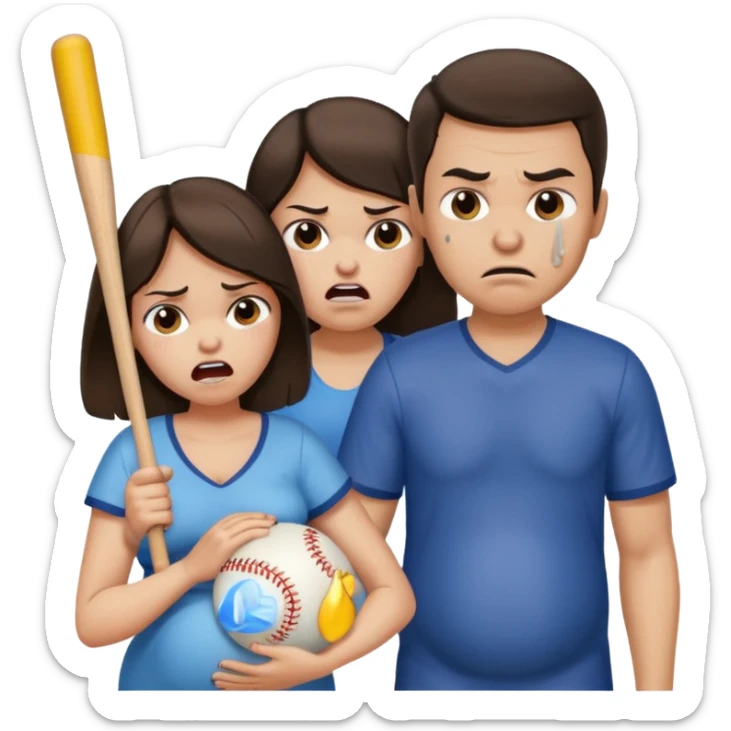 A angry brunette man holding a baseball bat towards a brunette pregnant woman who is crying sticker