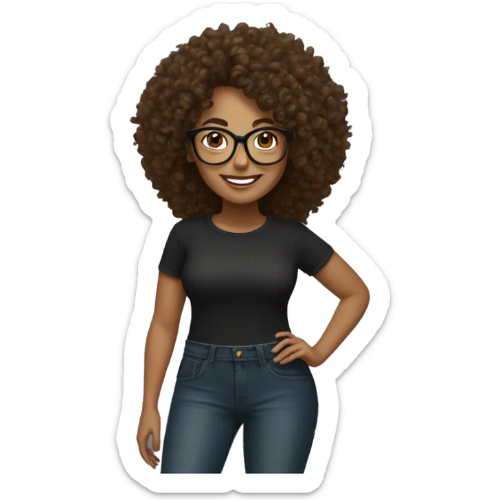 Woman with big curly hair with glasses in black blouse smiling with brown eyes in jeans and sneakers sticker