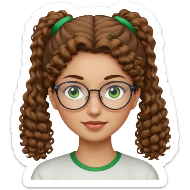 iranian woman, tight curly light brown hair in pony tail, glasses, green eyes, pretty, oval shape face sticker