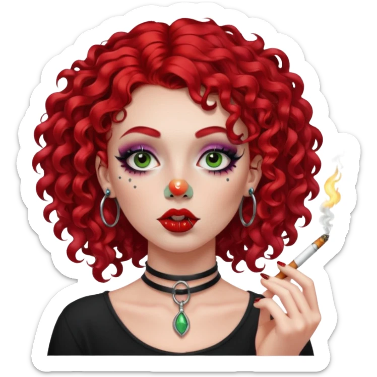 bright red curly hair alt girl with dark makeup and gauged septum, eyebrow and nose piercings smoking weed sticker