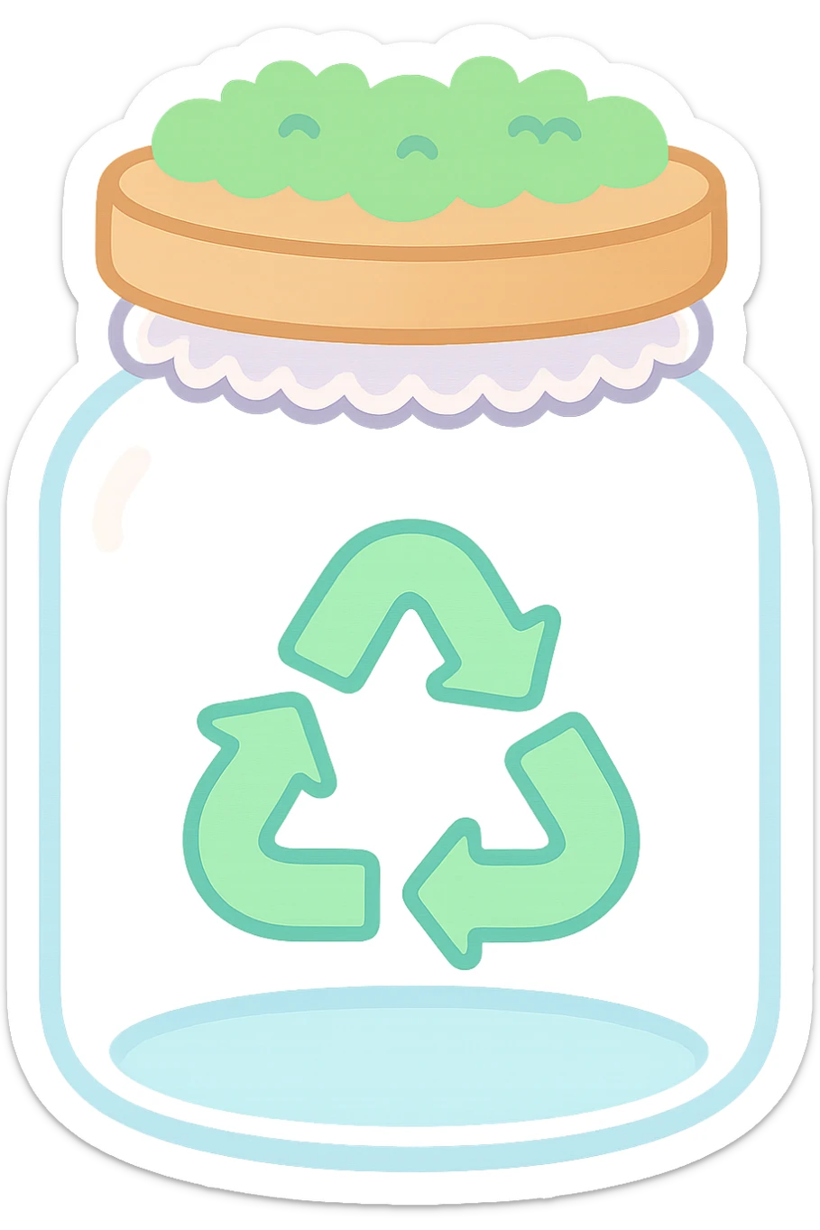 empty glass cookie jar with wooden lid, lace trim, moss decoration, recycling symbol on front, cozy whimsical homey cottagecore style, no text, transparent background sticker