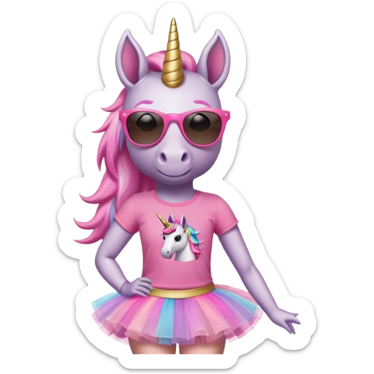 friendly anthropomorphised female unicorn with horse-like face, in tutu and pink t-shirt, wearing dark sunglasses, standard pose, close-crop head and shoulders portrait sticker