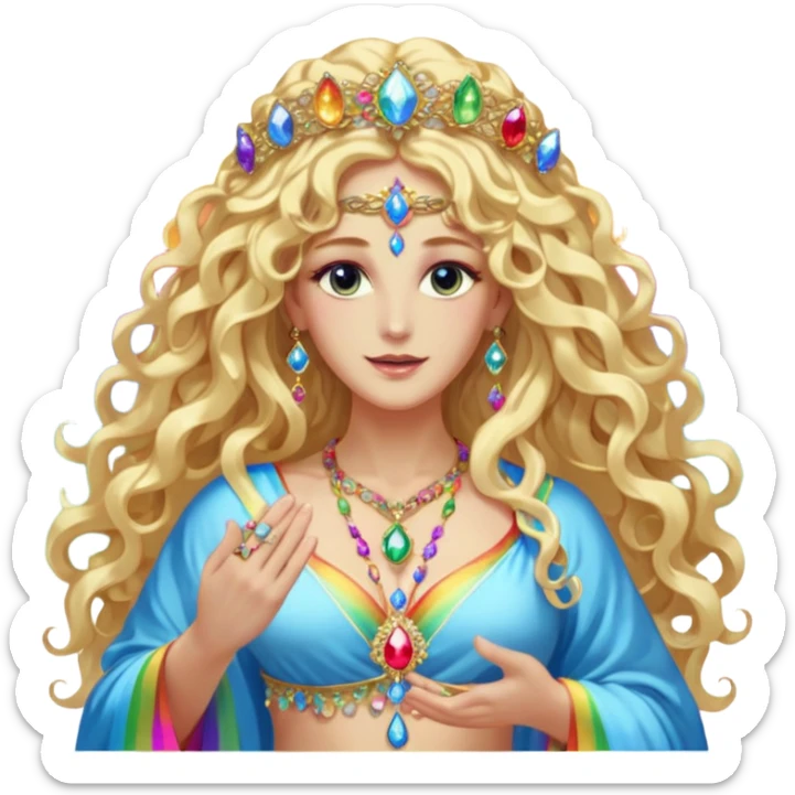 a being made of light pleidian nordic long faces and curly huge thick blond hair but beautiful features of light wearing jewels and a rainbow halo like a saint arount her a robe on made of light and gem  transparent belly dancer and who is lanky holding a bouquet of crystal flowers on rainbow fire sticker