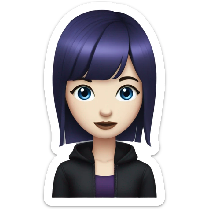 girl, pale skin, blue eyes, dark purple hair, bangs, black clothes, eyeliner sticker