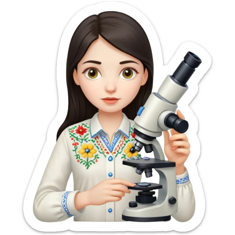 Ukrainian girl with dark hair in traditional embroidered shirt holding a microscope sticker