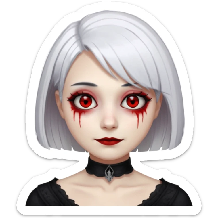 female, unnatural eye color with veiny eyes, sickly skin texture combined with an unnatural creepy smile, liminal setting that feels wrong, uncanny eerie art style, scary femme fatale, bob cut, mole under eye, white hair, red iris, black mascara, black eyeshadow, Gothic white skin, sticker