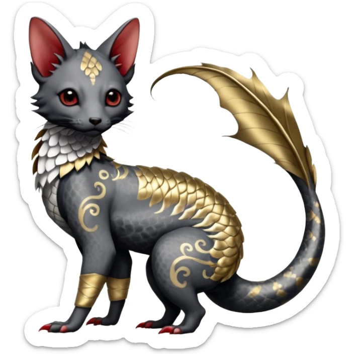 Japanese oriental Asian Edgy badass swimmy wet painted intricate ornate Japanese Asian koi-Minccino-Lykoi-Emolga-Sphynx-Linoone-Zangoose-fusion-hybrid-animal-Fakémon-creature, full body, thin long sleek scaly tail, intricate markings sticker