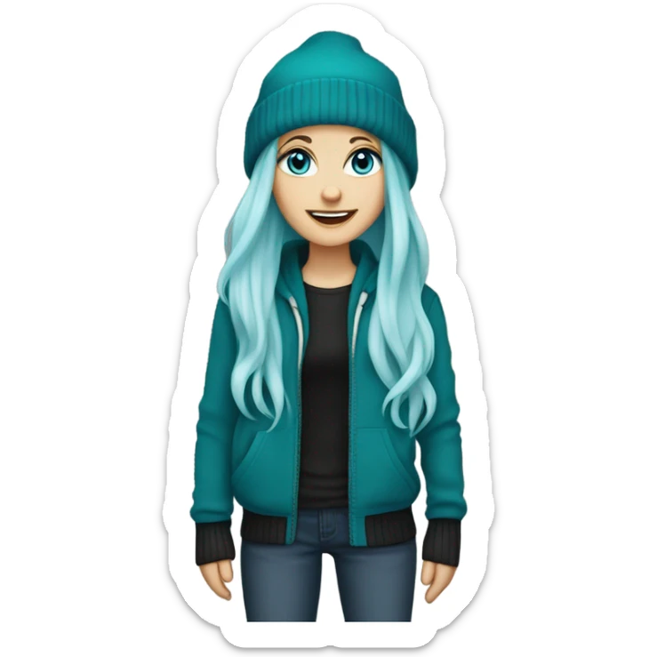 White girl, blue eyes, long teal hair, purple beanie hat, black hoodie, blue jeans, black shoes sticker
