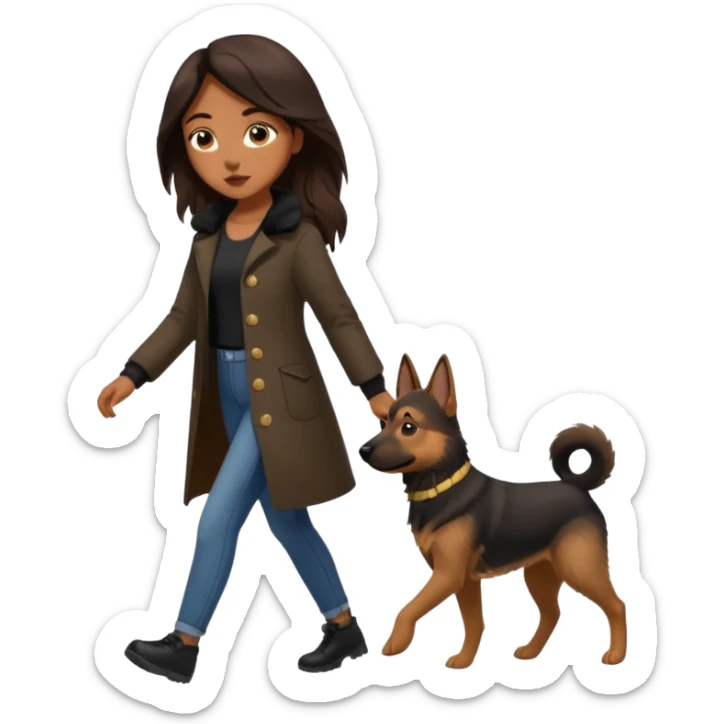 a girl with a brown dark long long hair, she's walking her dog is a german shepard. And girl's outfit is very aesthetic sticker