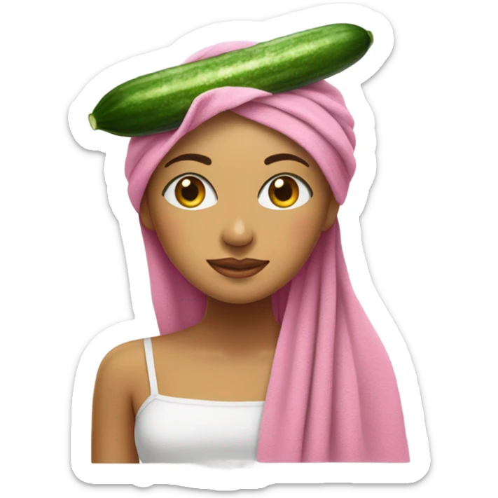 Latina girl with pink towel on head and cucumber on eyes sticker