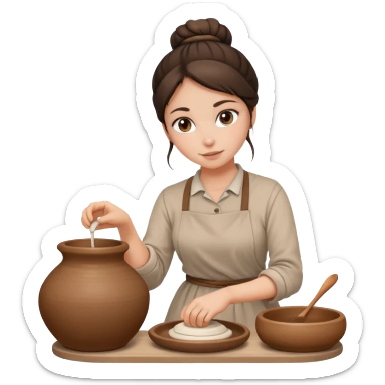 Brunette girl with a bun, behind the potter's wheel, wearing neutral clothing sticker