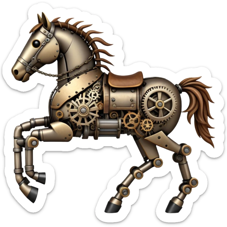 Horse made of visible mechanical parts with gears, cogs, wires, and rope components, steampunk style sticker