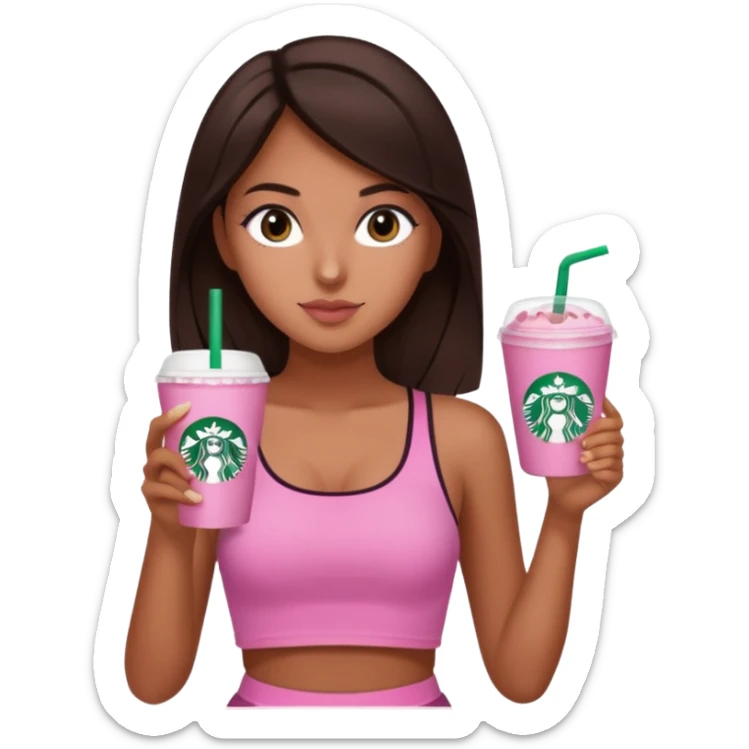 Chica de pelo café oscuro tirado a negro liso ojos cafés y ni tan blanca ni tan morena tomando un starbuck y tiene de ropa un top corto rosado  sticker