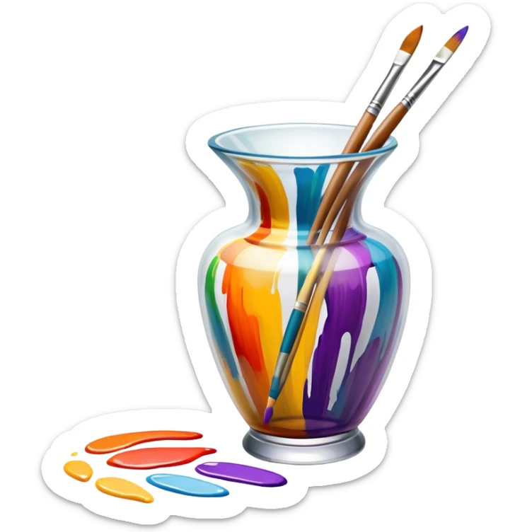 Glass painting icon, colorful brushstrokes on a glass vase, intricate painted patterns on the surface, visible fine paintbrush and palette beside it, no liquid inside the vase, minimalistic style, clean lines, transparent background. sticker
