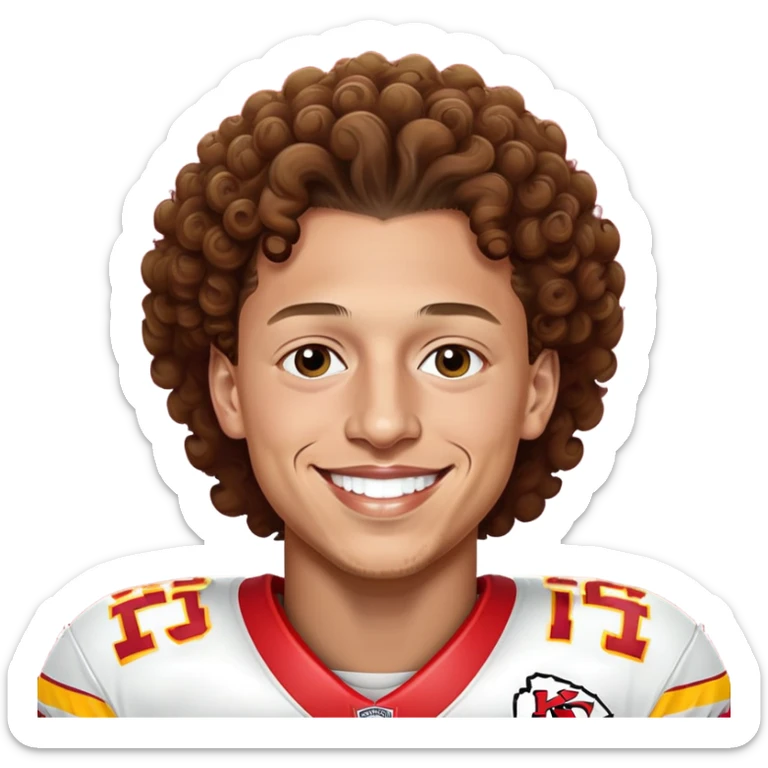 Patrick Mahomes, Kansas City Chiefs quarterback with curly hair, smiling sticker