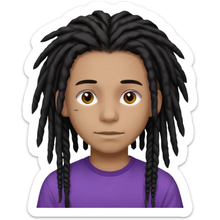 light black teen with black dreads in a middle part with brown eyes and purple shirt sticker