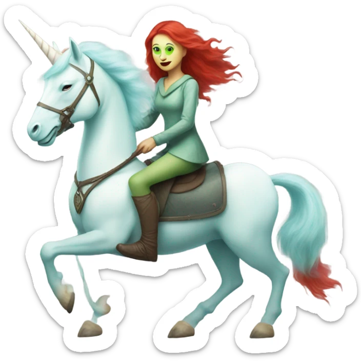 [politically incorrect
	{ woman: alien, color: light green, hair:red, eyes:cat} ]
	on a 
	[{ unicorn: white, legged:four, mane: light blue }] sticker