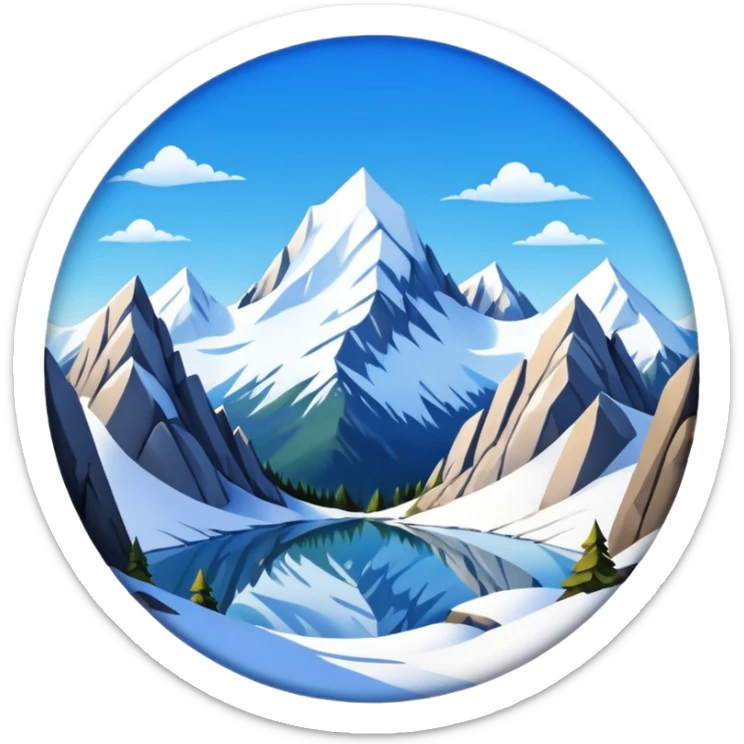 a snowy mountain landscape with rocky peaks and a clear sky, fish eye lens effect sticker