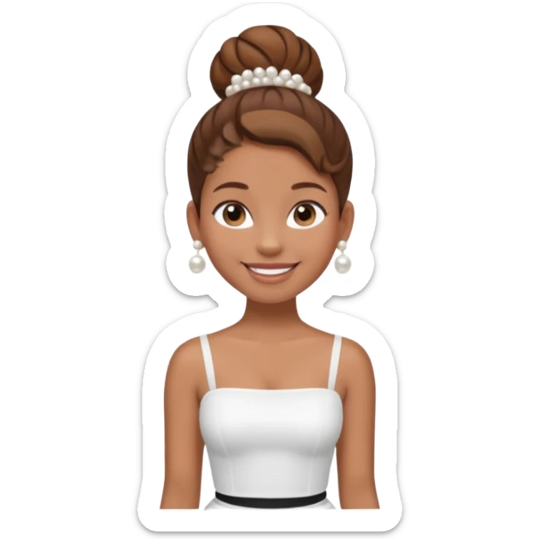 Full body Light brown skin girl, brown hair in bun, smiling, white tube top, pearl earrings sticker